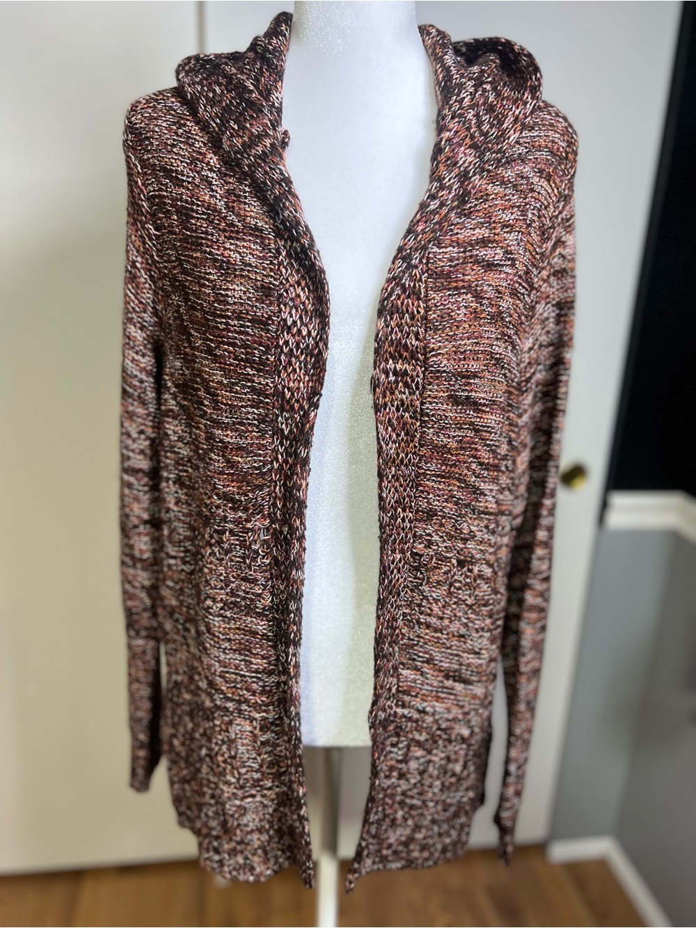 Maurices Marled Hooded Open-Front Cardigan in Brown Mix